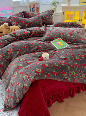 冬季加绒加厚复古风牛奶绒花边床盖款四件套巨暖和亲肤