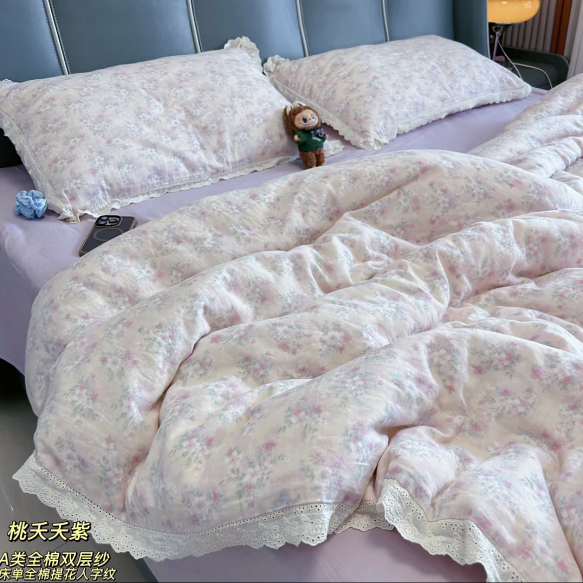 韩版全棉纱布花边蕾丝款被套四件套纯棉双层纱床单床笠款床上用品