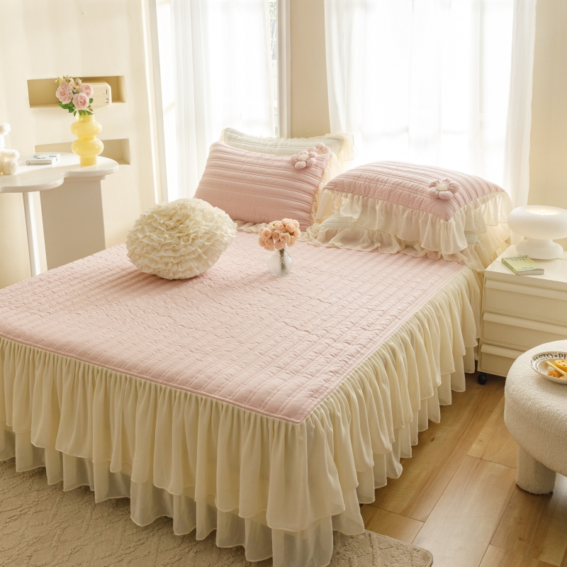韩式仙女风A类纯棉床裙三件套夹棉 单件蕾丝裙摆绗缝床盖加厚床罩