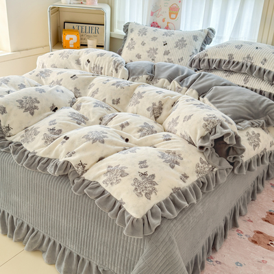 冬季美式复古风高克重牛奶绒花边床盖款系列四件套床盖三件套