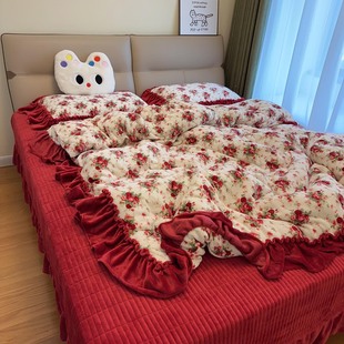 牛奶绒过年喜庆红色韩式花边定制款床盖四件套结婚大红色床上用品
