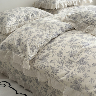 清新全棉花边法式床盖款被套四件套砂洗棉花炕盖三件套四季款床品