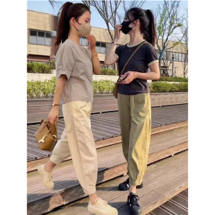 褲 女小個(gè)子夏季 高腰顯瘦工裝 薄款 寬松九分運(yùn)動(dòng)哈倫褲 休閑褲 子韓版
