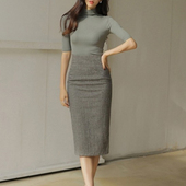 复古高腰一步裙修身 毛呢包臀裙秋冬新款 半身裙中长款 开叉包裙冬裙