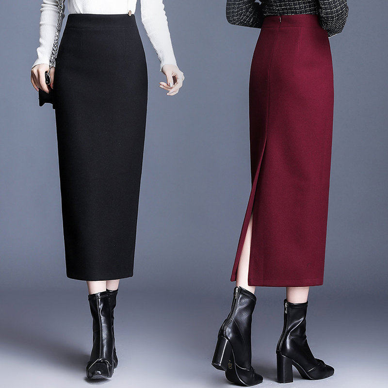 毛呢半身裙加厚秋冬新款呢子高腰包臀裙中长款一步裙显瘦过膝长裙