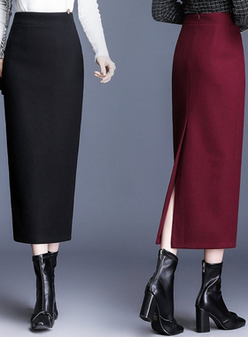 毛呢半身裙加厚秋冬新款呢子高腰包臀裙中长款一步裙显瘦过膝长裙