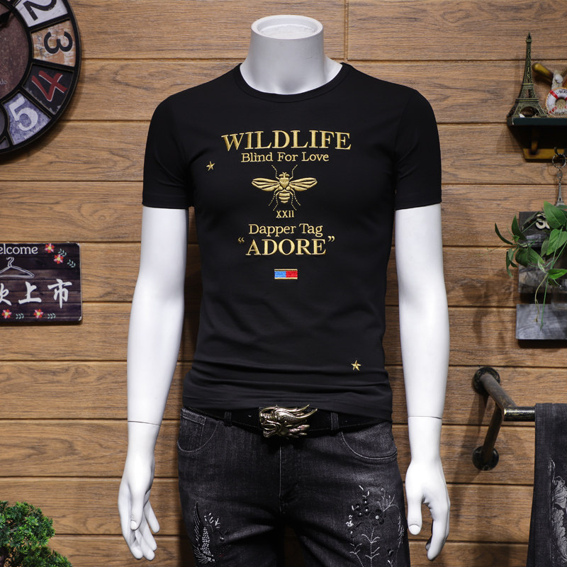 欧美潮牌小蜜蜂短袖T恤男士潮流修身刺绣青年圆领丝光棉半袖小衫