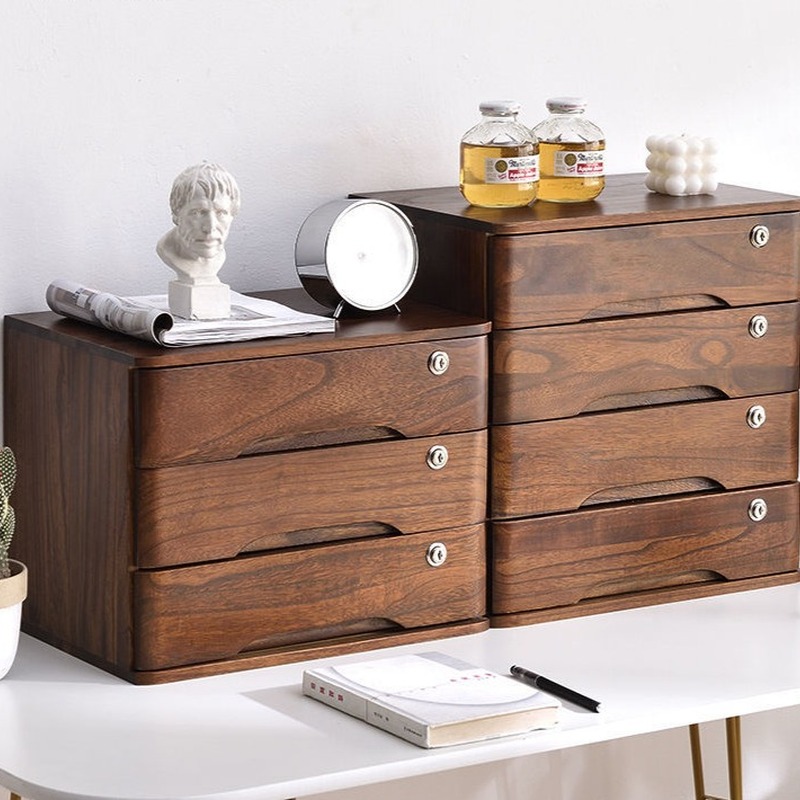 全带锁桌面收纳盒抽屉式实木办公桌上整理柜多层杂物储物柜子木质