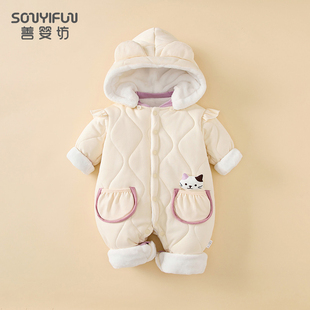 婴儿冬季连体衣纯棉夹棉加绒女新生宝宝可爱洋气外出时髦棉衣抱衣