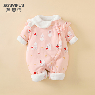 婴儿冬装连体衣可爱洋气纯棉加棉加绒外出棉服哈衣新生儿女宝衣服