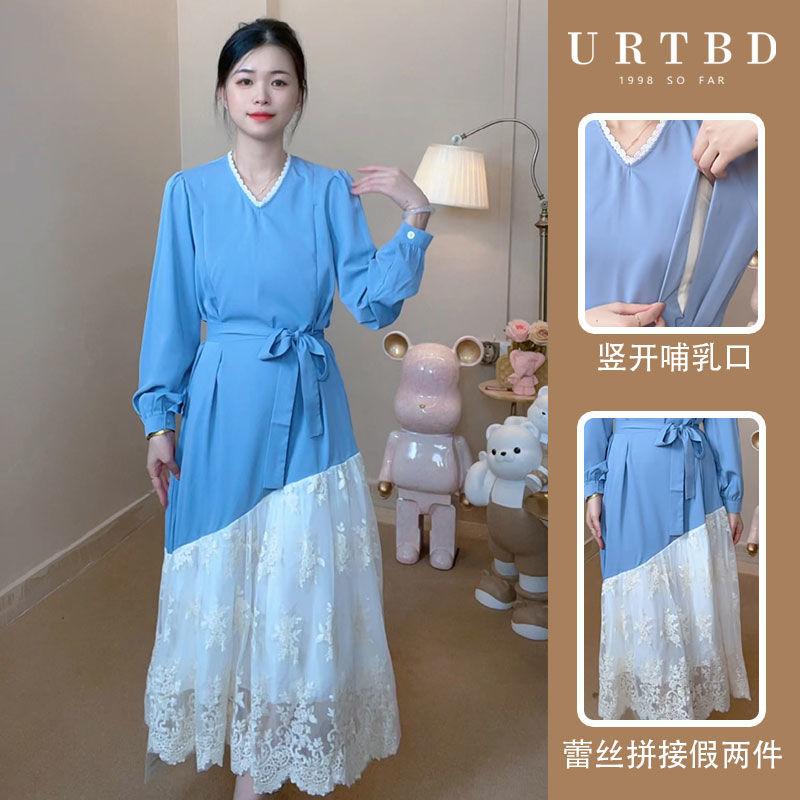 蓝蕾丝哺乳装新款法式拼接假两件蕾丝显瘦减龄时尚孕妇哺乳连衣裙