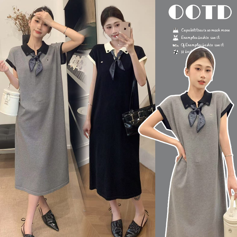 丝巾领结夏季哺乳新款休闲时尚百搭丝巾宽松针织连衣裙产后哺乳裙