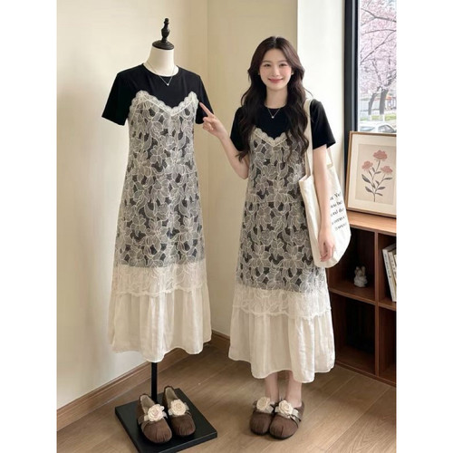 法式蕾丝假两件哺乳装夏季吊带裙叠穿连衣裙高级感孕妇辣妈哺乳裙
