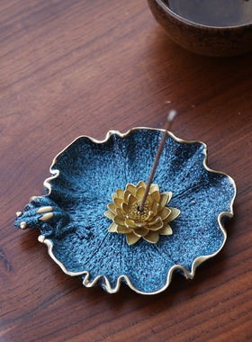 全铜莲趣香插纯铜线香插香座家用莲花线香炉线香盘烧蓝色香薰炉