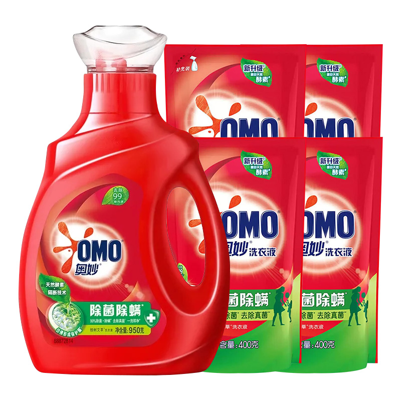 奥妙除菌除螨酵素洗衣液 950g+400g*4袋家用实惠补充装洗衣液l