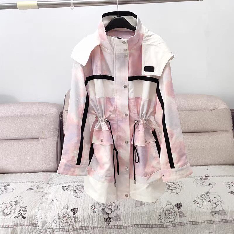 连帽宽松纯棉仿牛仔粉色迷彩风衣