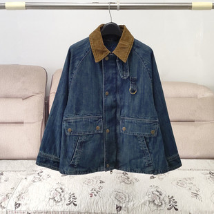 时髦撞色灯芯绒翻领夹克衫 新款 休闲宽松牛仔外套 春秋季 外贸女装
