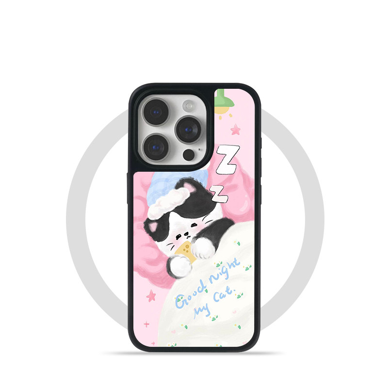 适用于苹果iPhone18promax手机壳17pro黑框软边15手机壳14pro全包16小众磨砂晚安睡觉小猫玻璃磁吸手机壳