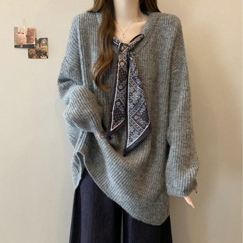 大码宽松V领毛衣女秋冬胖mm显瘦洋气中长款针织打底衫上衣0928e