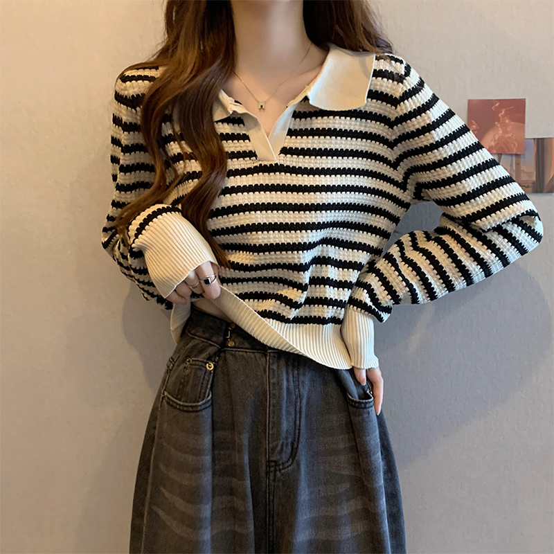 大码女2025秋冬条纹针织衫Polo领独别致内搭打底衫胖mm上衣0928e