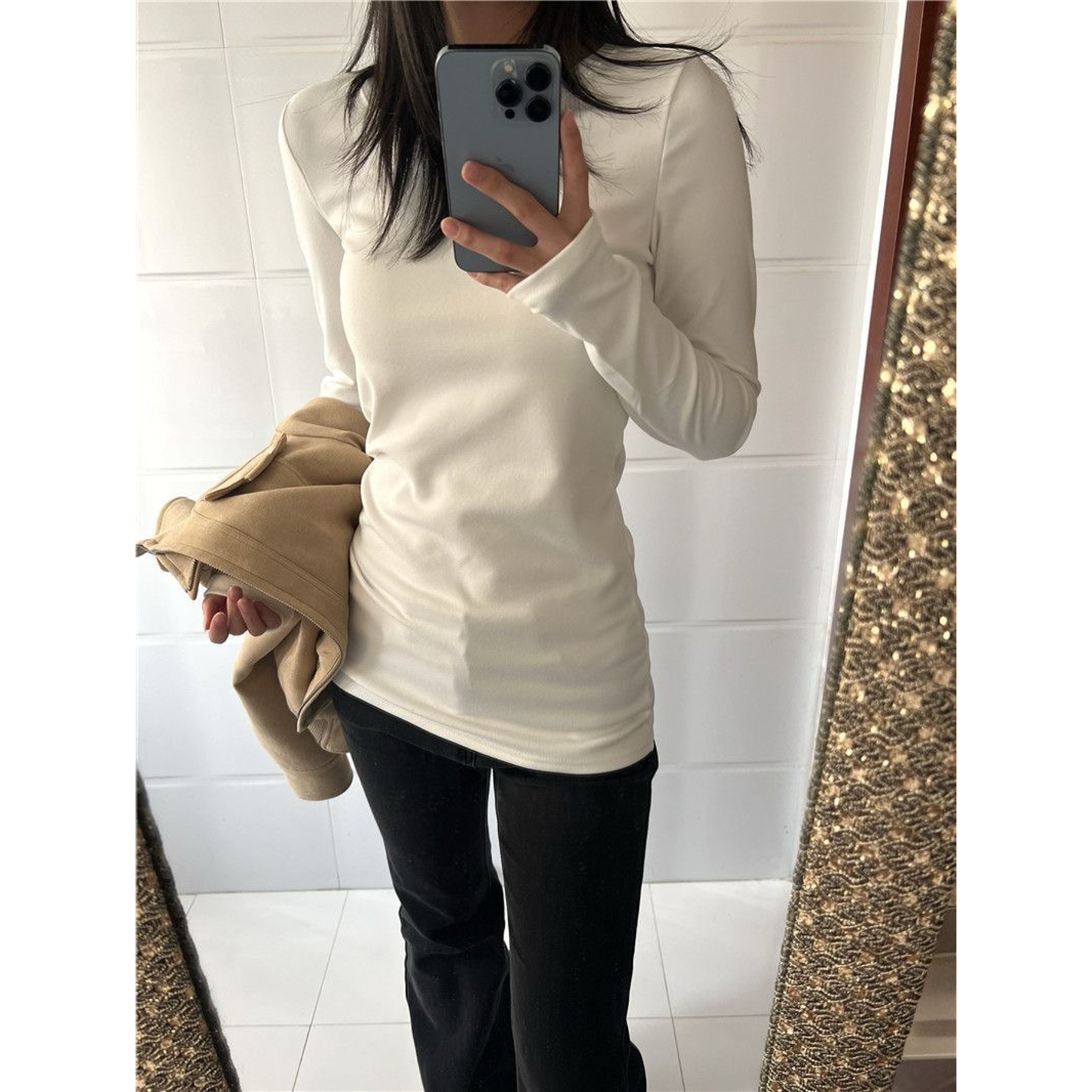 德绒白色正肩中长款长袖t恤女春秋冬韩系百搭圆领修身显瘦打底衫