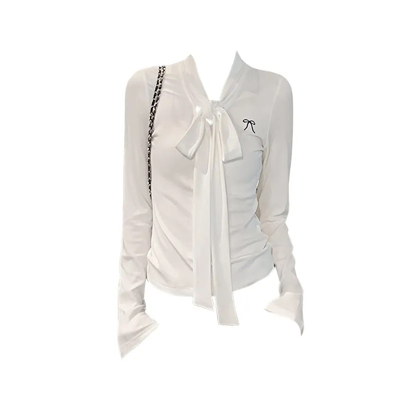 韩系chic正肩绑带蝴蝶结长袖t恤女设计感刺绣秋冬修身显瘦上衣女