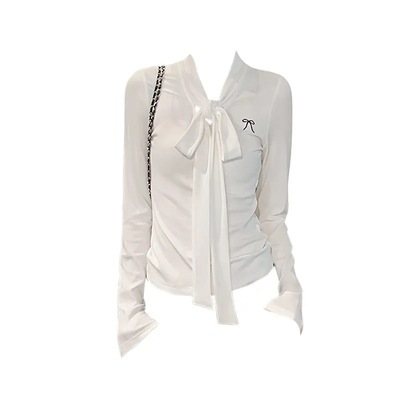 韩系chic正肩绑带蝴蝶结长袖t恤女设计感刺绣秋冬修身显瘦上衣女