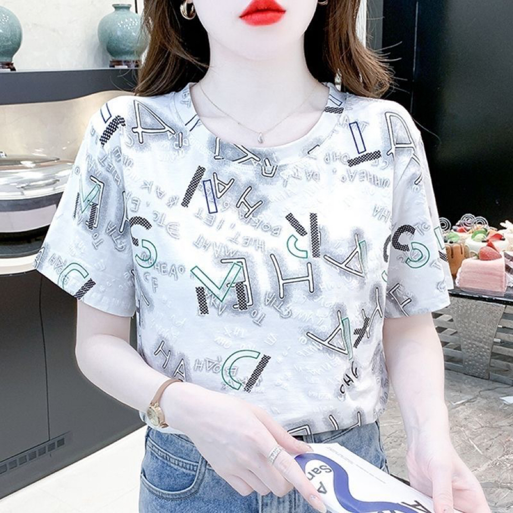 夏季正肩印花圆领短袖T恤女2025新款洋气百搭设计款短袖上衣女潮