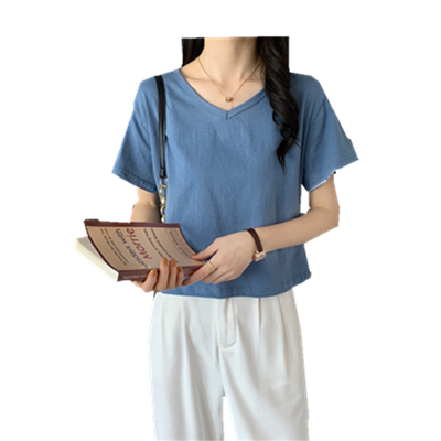 2025夏季新款纯色v领短款短袖T恤女春装高腰小众设计感v领上衣女