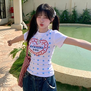 短袖 美式 显瘦收腰短款 复古辣妹正肩爱心星星短袖 上衣女 t恤女夏季