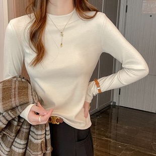 德绒小立领长袖打底衫女秋冬保暖正肩圆领修身显瘦内搭外穿上衣女