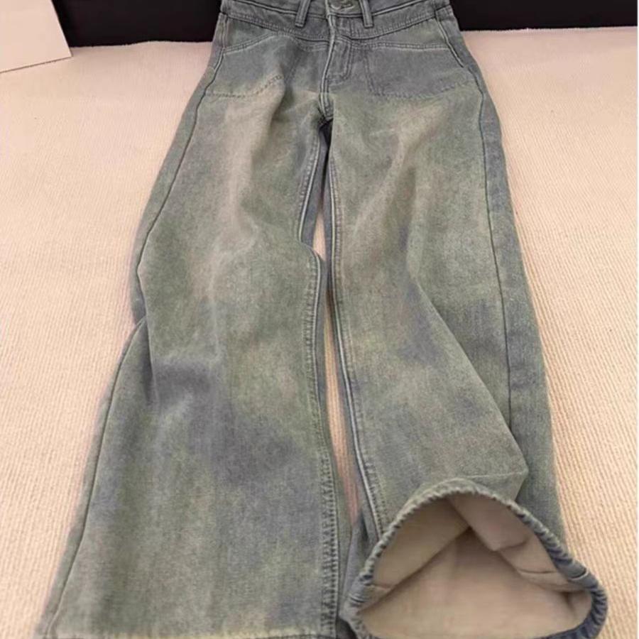 美式复古高腰加绒牛仔裤阔腿长裤