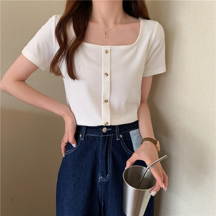 上衣服 2022年新款 高腰方领短袖 T恤女夏短款 紧身ins潮锁骨复古法式