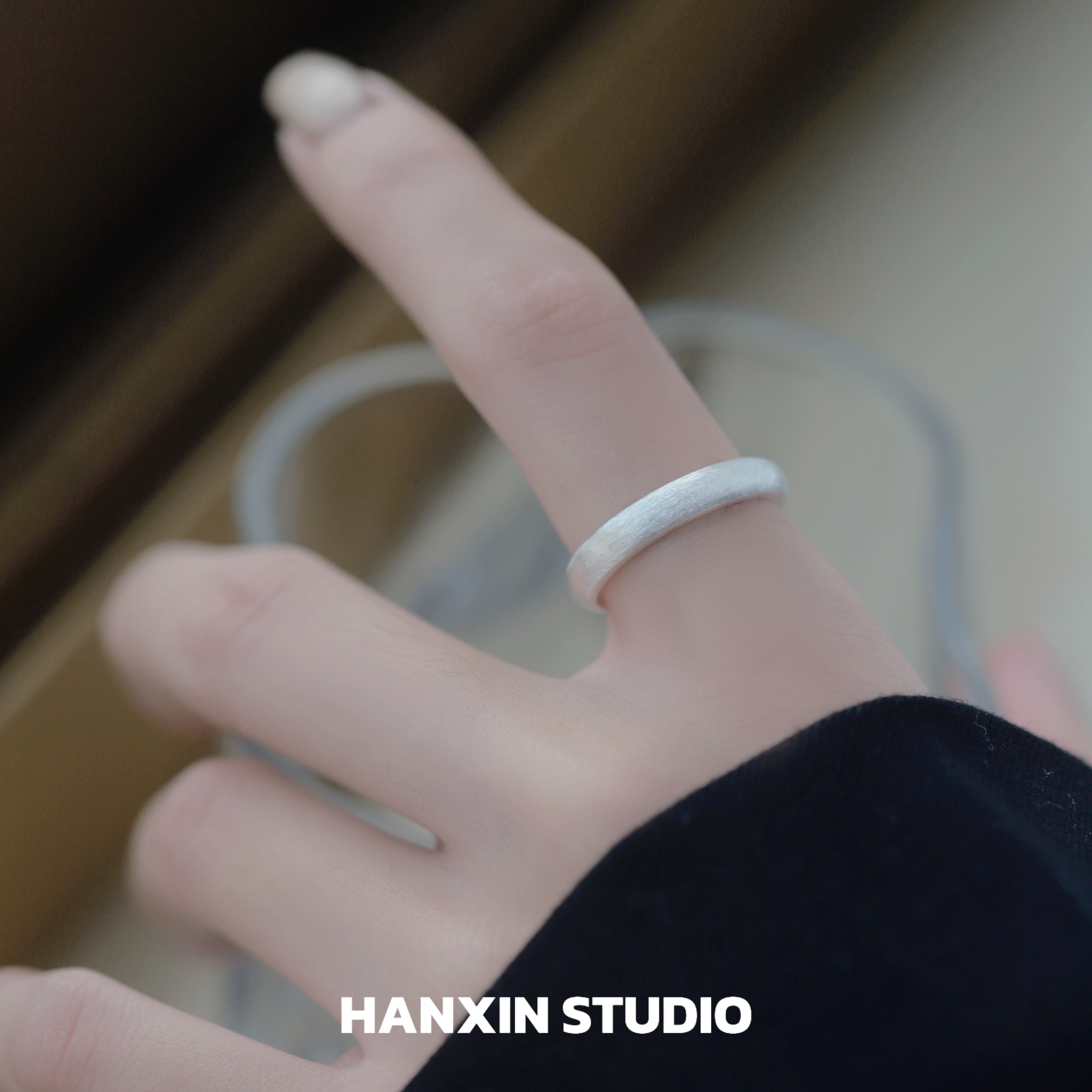 HANXIN S925纯银拉丝磨砂戒指女ins简约风开口小众设计素雅食指戒