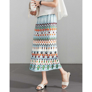 夏日趣味小众高级感印花压褶碎花半身裙女高腰遮胯双开叉直筒裙