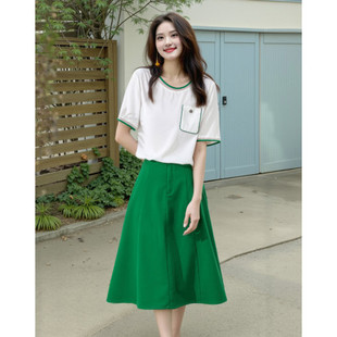 【检漏|显白绿套装裙】女夏短袖雪纺衫/A字及膝半身裙（分开拍