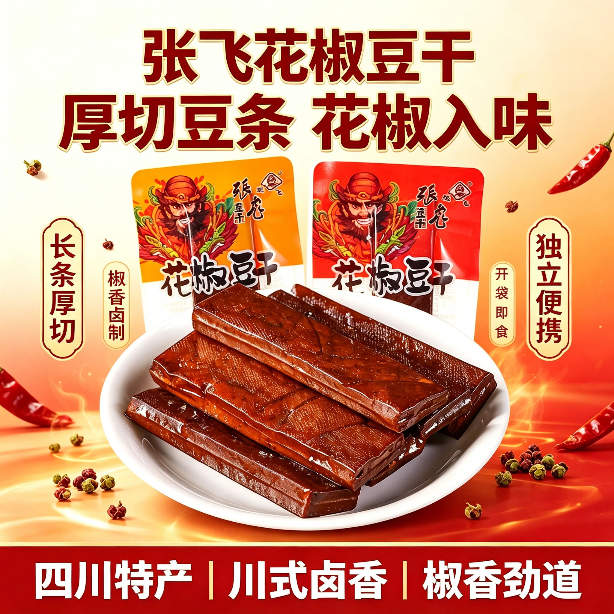 张飞花椒豆干麻辣五香味长条厚切豆腐干四川特产休闲零食独立小包