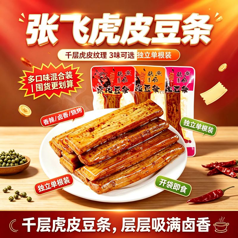 张飞虎皮豆条长条千层豆腐干多口味混合装办公室便携即食下酒零食