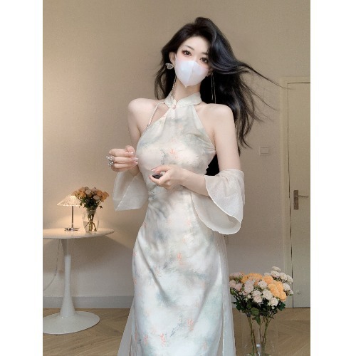 夏季套装女新中式挂脖改良旗袍裙子修身连衣裙防晒别致绝美两件套