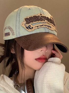 美式复古牛仔棒球帽女大头围显脸小加大加深宽帽檐鸭舌帽子做旧潮