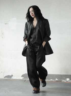 Oase张点 重磅100%桑蚕丝香云纱莨绸 极简廓形无领西装/拉腿裤