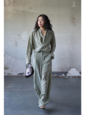 Oase张点 定染豆绿色100%桑蚕丝 廓形极简假两件衬衫/拉腿裤
