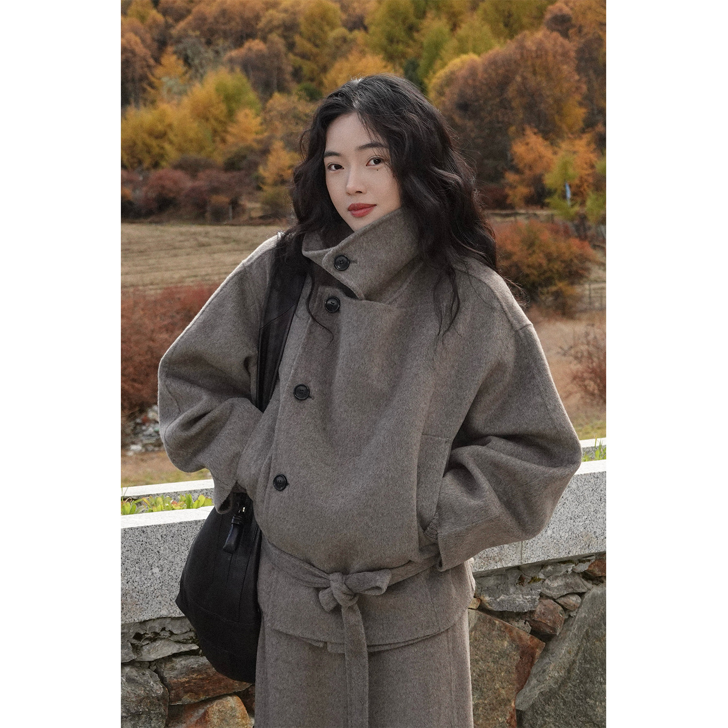 Oase张点 天然无染色100%纯牦牛绒斜门襟金敏喜短大衣外套