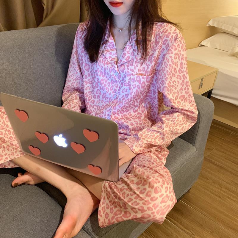 秋季新款甜美可爱日系豹纹长袖睡衣可外穿居家服套装女学生亲子装