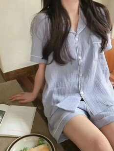 少女软糯棉麻料睡衣女夏天新款ins风纱布短袖短裤甜美家居服套装