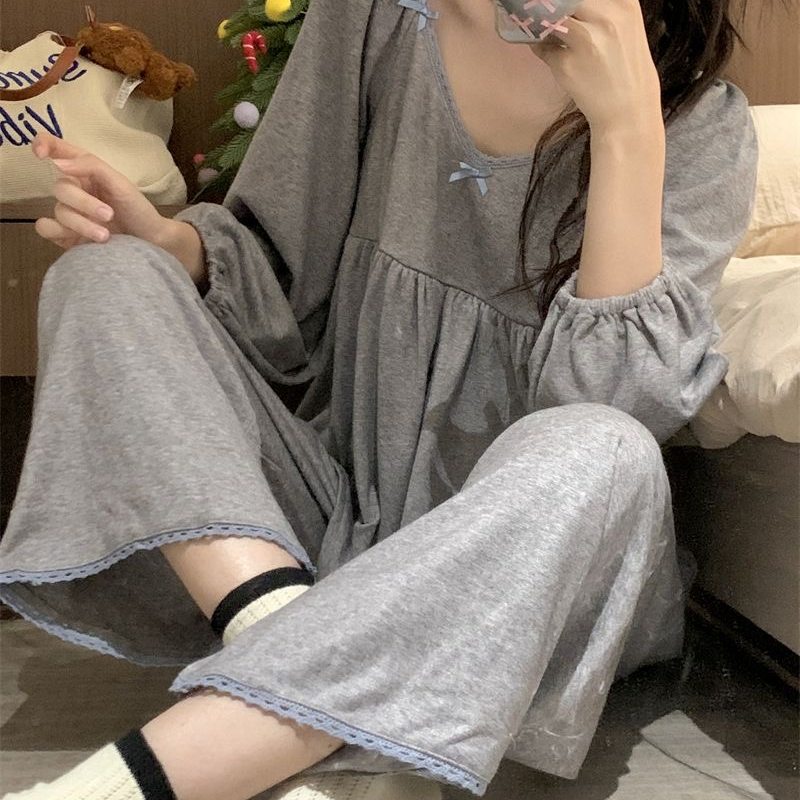 新款睡衣女2025韩系春秋季简约舒适花边套装针织绒感家居服可外穿