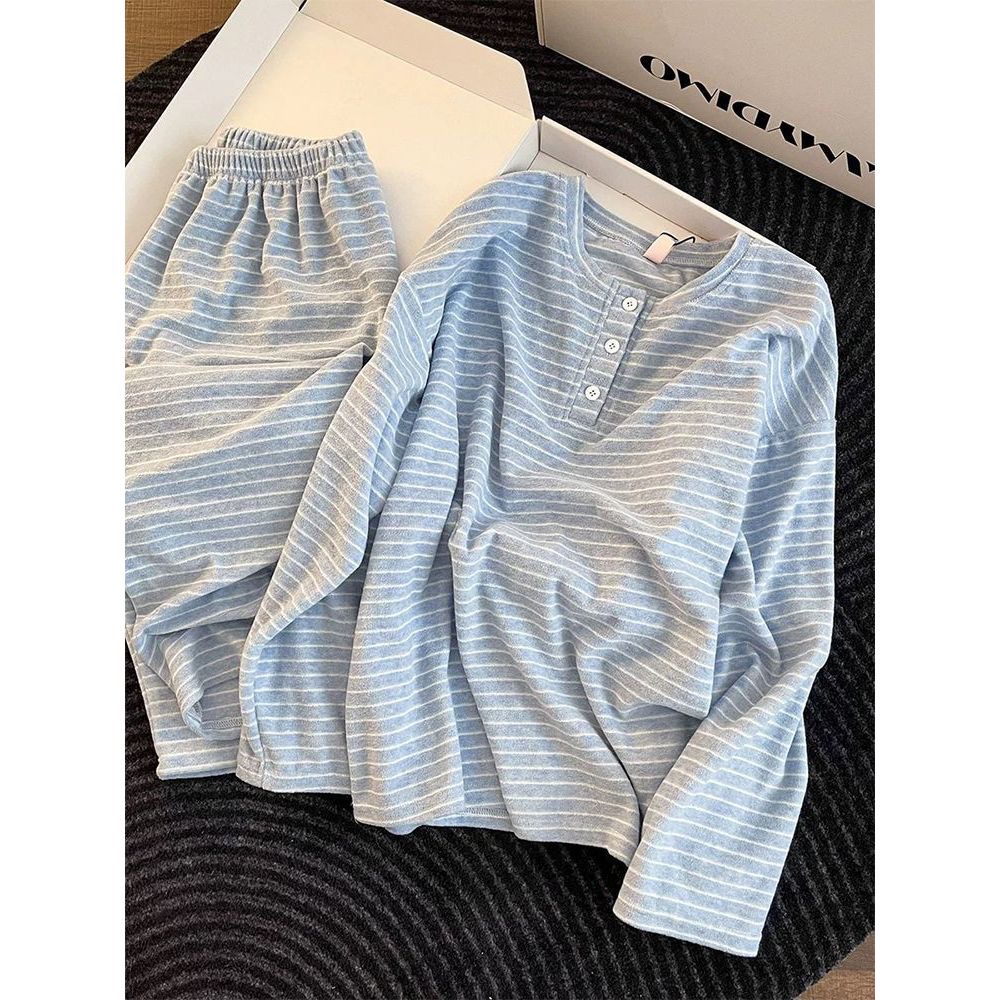 ins简约条纹德绒睡衣女秋冬季甜美学生宿舍加厚保暖长袖长裤套装