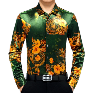 男士长袖金丝绒花衬衫秋季中国风印花衬衣大满花绿色中年爸爸宽松