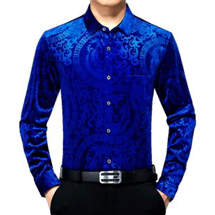 中国风长袖花衬衫金丝绒秋季男中年爸爸真口袋衬衣龙图案宽松男士