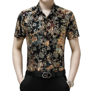 男士烫金印花短袖休闲花衬衫冰丝中年薄款男款半袖爸爸装衬衣夏季